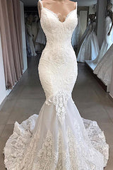Classic Spaghetti Strap V neck White Sleeveless Mermaid Open Back Wedding Dress Outfits For Women with Chapel Train