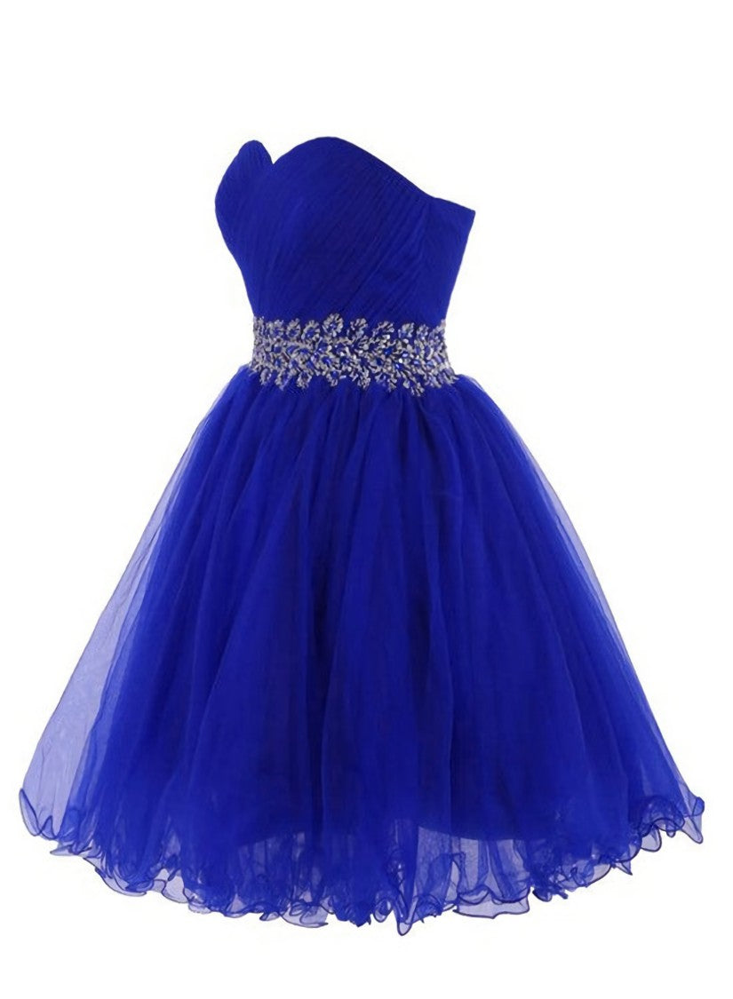 Cute Blue Sweetheart Tulle Cocktail Dress Outfits For Women Homecoming Dress Outfits For Women With Beading, Short Prom Dress
