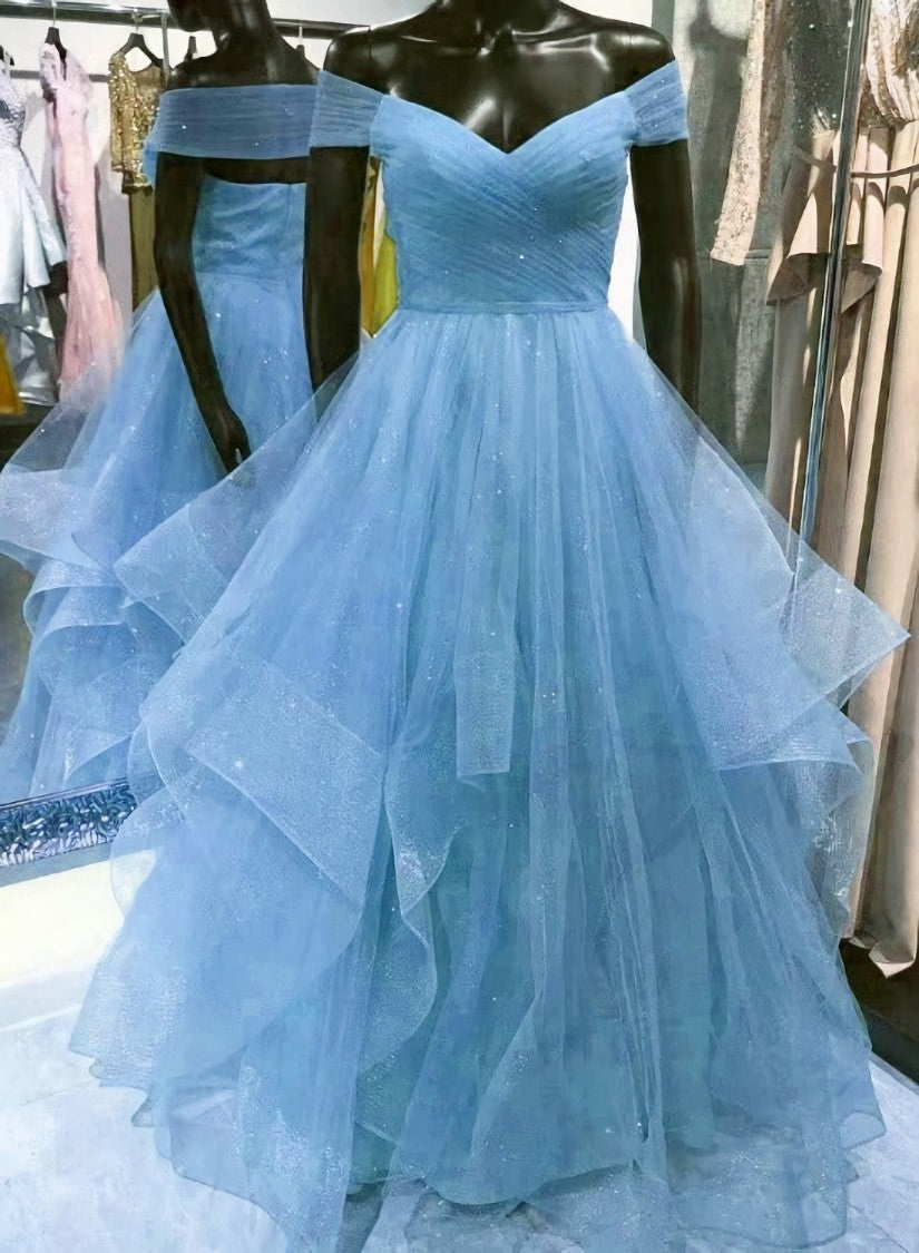 Cute Blue Tulle Sweetheart Layers Long Formal Dresses For Black girls For Women, Blue Evening Gown Prom Dress