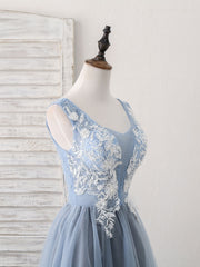 Cute Blue V Neck Tulle Lace Applique Short Prom Dress Outfits For Girls, Blue Homecoming Dress