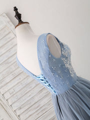 Cute Blue V Neck Tulle Lace Applique Short Prom Dress Outfits For Girls, Blue Homecoming Dress