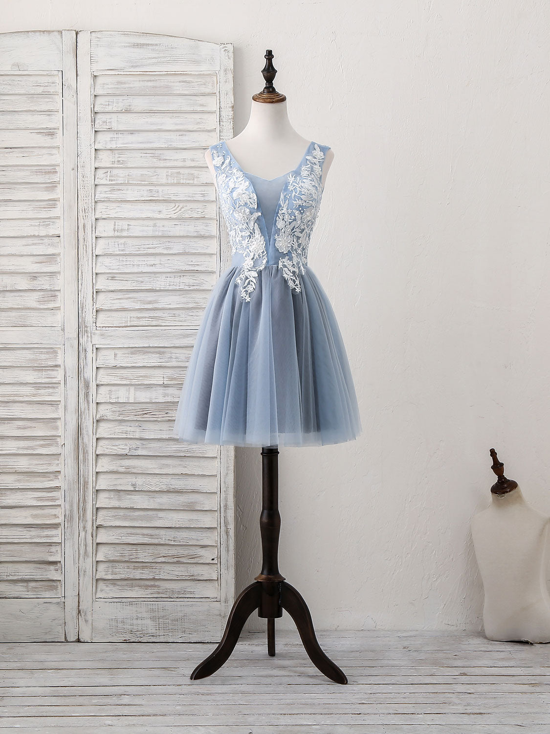 Cute Blue V Neck Tulle Lace Applique Short Prom Dress Outfits For Girls, Blue Homecoming Dress