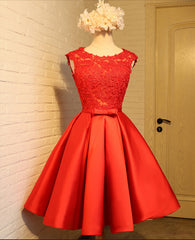 Cute Red Homecoming Dress Outfits For Girls, Round Neckline Lace and Satin Party Dress