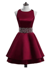 Cute Satin Knee Length Cross Back Beaded Party Dress Outfits For Girls, Homecoming Dress