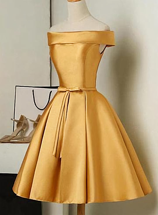 Cute Satin Knee Length Off Shoulder Homecoming Dress Outfits For Girls, Prom Dress