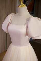 Cute Satin Tulle Long Prom Dress Outfits For Girls, A-Line Short Sleeve Evening Dress