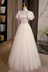 Cute Satin Tulle Long Prom Dress Outfits For Girls, A-Line Short Sleeve Evening Dress
