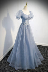 Cute Shiny Tulle Long Prom Dress Outfits For Girls, A-Line Short Sleeve Evening Party Dress