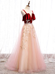 Cute Straps Velvet and Tulle Long Party Dress Outfits For Girls, A-line Evening Gown