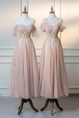 Cute Tulle Lace Tea Length Prom Dress Outfits For Girls, Pink A-Line Evening Party Dress