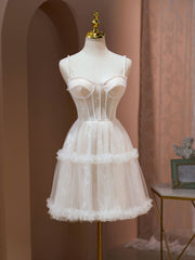 Cute Tulle Light Champagne Short Prom Dress Outfits For Girls, Lace Homecoming Dress