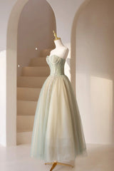 Cute Tulle Tea Length Prom Dress Outfits For Girls, Green A-Line Strapless Evening Party Dress