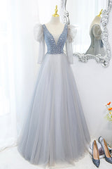 Cute V-Neck Tulle Long Prom Dress Outfits For Women with Beaded, A-Line Long Sleeve Evening Dress