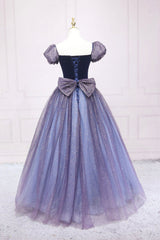 Cute Velvet Tulle Long Prom Dress Outfits For Girls, A-Line Short Sleeve Graduation Dress
