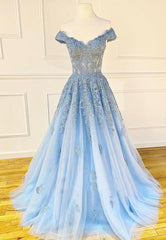 Blue Lace Off the Shoulder Prom Dresses, A-Line Evening Dresses