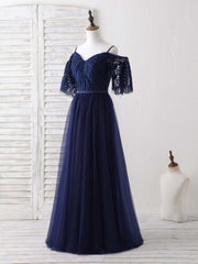Dark Blue A-Line Lace Tulle Long Prom Dress Outfits For Women Blue Evening Dress