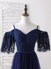 Dark Blue A-Line Lace Tulle Long Prom Dress Outfits For Women Blue Evening Dress