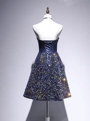 Dark Blue A-Line Sequin Lace Short Prom Dress Outfits For Girls, Blue Homecoming Dress