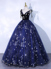 Dark Blue A-Line Tulle Lace Long Prom Dress Outfits For Girls, Dark Blue Long Formal Dress