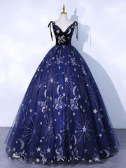 Dark Blue A-Line Tulle Lace Long Prom Dress Outfits For Girls, Dark Blue Long Formal Dress