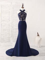 Dark Blue Lace Mermaid Long Prom Dress Outfits For Women Mermaid Bridesmaid Dress