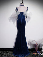 Dark Blue Mermaid Velvet Long Prom Dresses For Black girls For Women, Blue Formal Evening Dress
