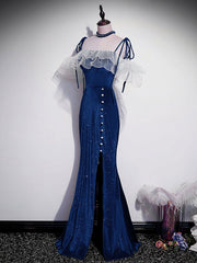 Dark Blue Mermaid Velvet Long Prom Dresses For Black girls For Women, Blue Formal Evening Dress