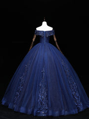 Dark Blue Off Shoulder Tulle Lace Long Prom Gown, Blue Sweet 16 Dress Outfits For Women With Beading Sequin
