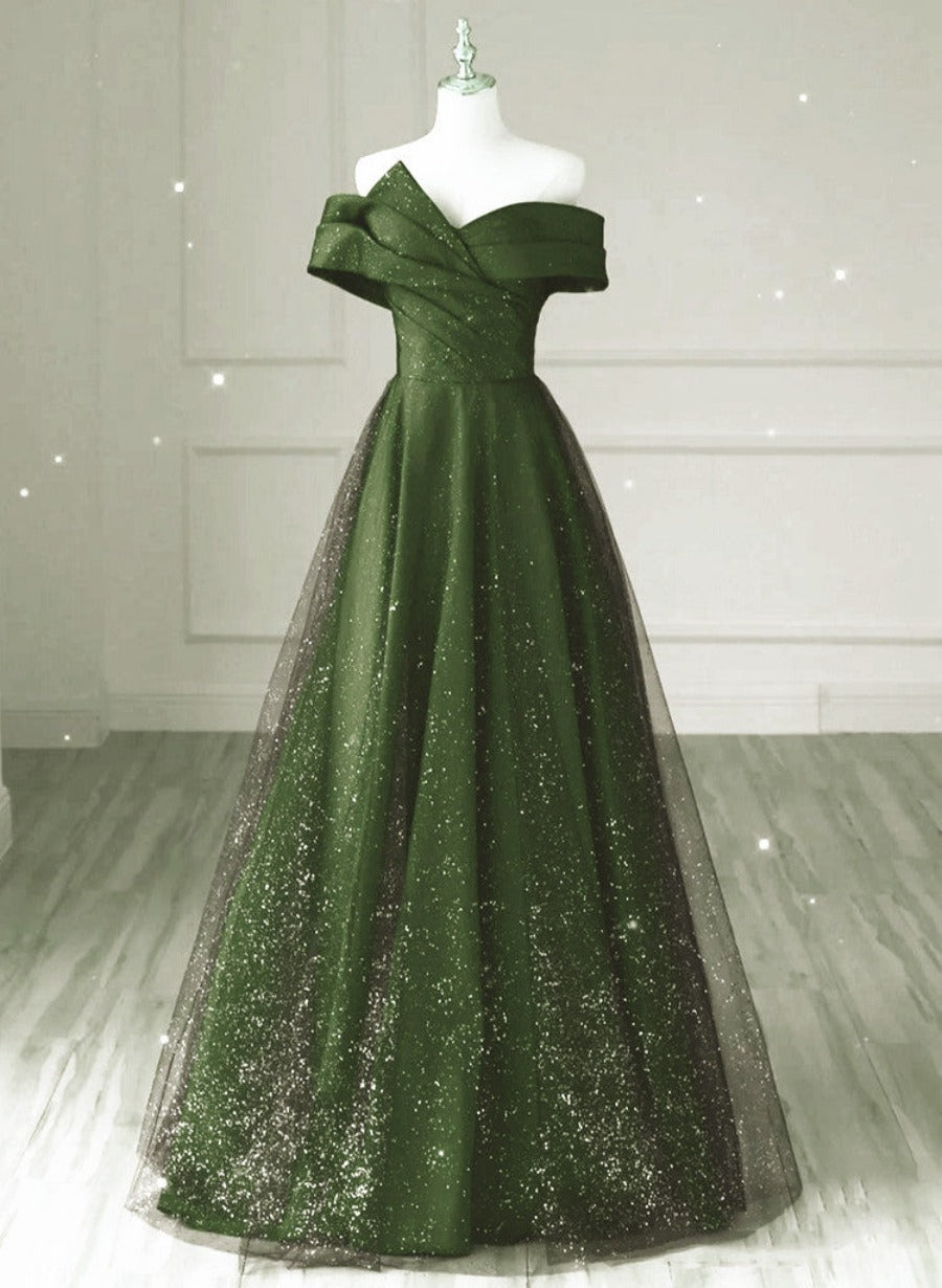 Dark Green and Black A-line Satin Long Party Dress Outfits For Girls, Simple Long Prom Dress