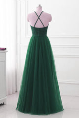 Dark Green Cross Back Tulle Halter Long Party Dress Outfits For Girls, A-line Junior Prom Dress