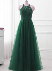 Dark Green Cross Back Tulle Halter Long Party Dress Outfits For Girls, A-line Junior Prom Dress