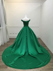 Dark Green Satin Ball Gown Long Evening Dress Outfits For Women Prom Dress Outfits For Girls, Green Formal Dresses