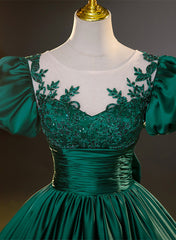 Dark Green Satin Ball Gown Sweet 16 Dress Outfits For Girls, Green Long Formal Dress Outfits For Women Party Dress