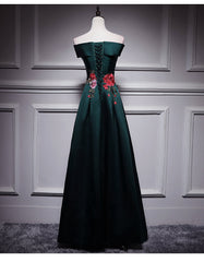 Dark Green Satin Off Shoulder Floor Length Satin Party Dress Outfits For Girls, Green Prom Dress Outfits For Women Formal Dress
