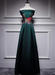 Dark Green Satin Off Shoulder Floor Length Satin Party Dress Outfits For Girls, Green Prom Dress Outfits For Women Formal Dress