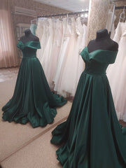 Dark Green Satin Off Shoulder Long Formal Dress Outfits For Women with Slit, Long Evening Dresses