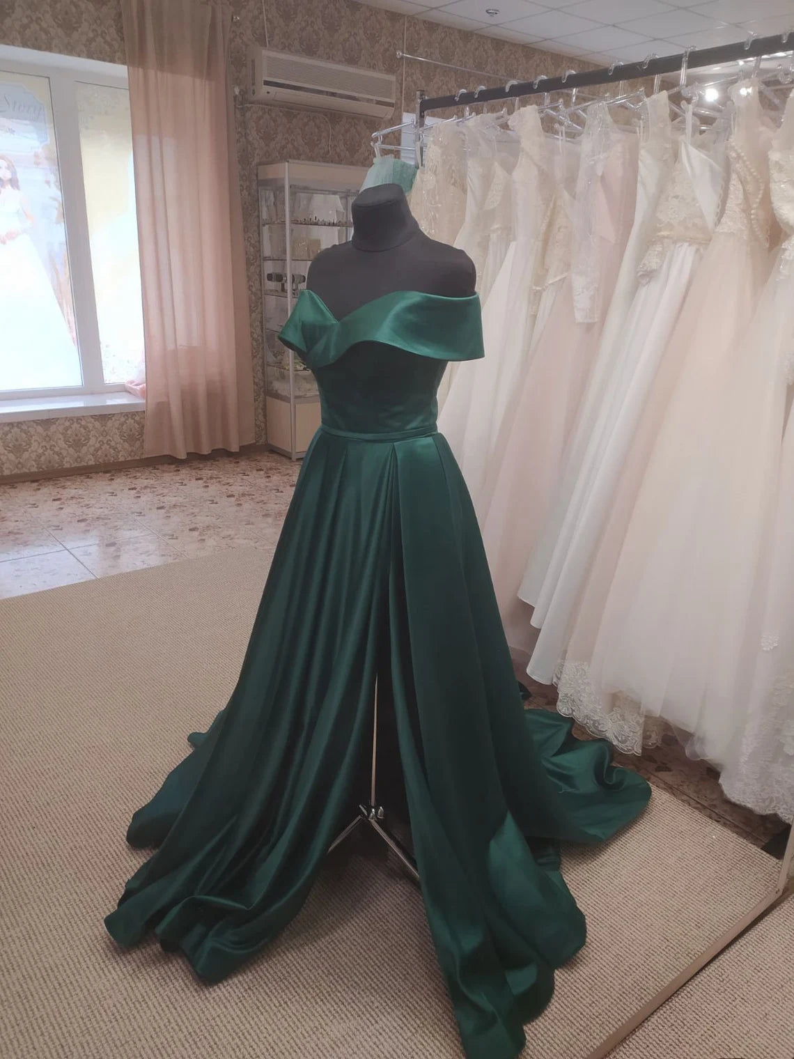 Dark Green Satin Off Shoulder Long Formal Dress Outfits For Women with Slit, Long Evening Dresses