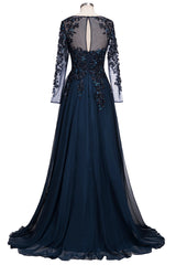 Dark Navy Long A-line Jewel Tulle Formal Evening Dresses For Black girls with Sleeves
