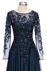 Dark Navy Long A-line Jewel Tulle Formal Evening Dresses For Black girls with Sleeves