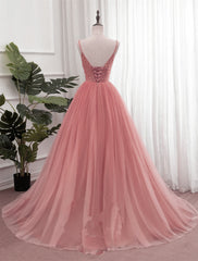 Dark Pink Sequins V-neckline Straps Long Evening Dress Outfits For Girls, Tulle Pink Prom Dress