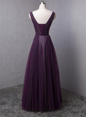 Dark Purple V-neckline Beaded Tulle Long Formal Dress Outfits For Girls, Purple Evening Dress