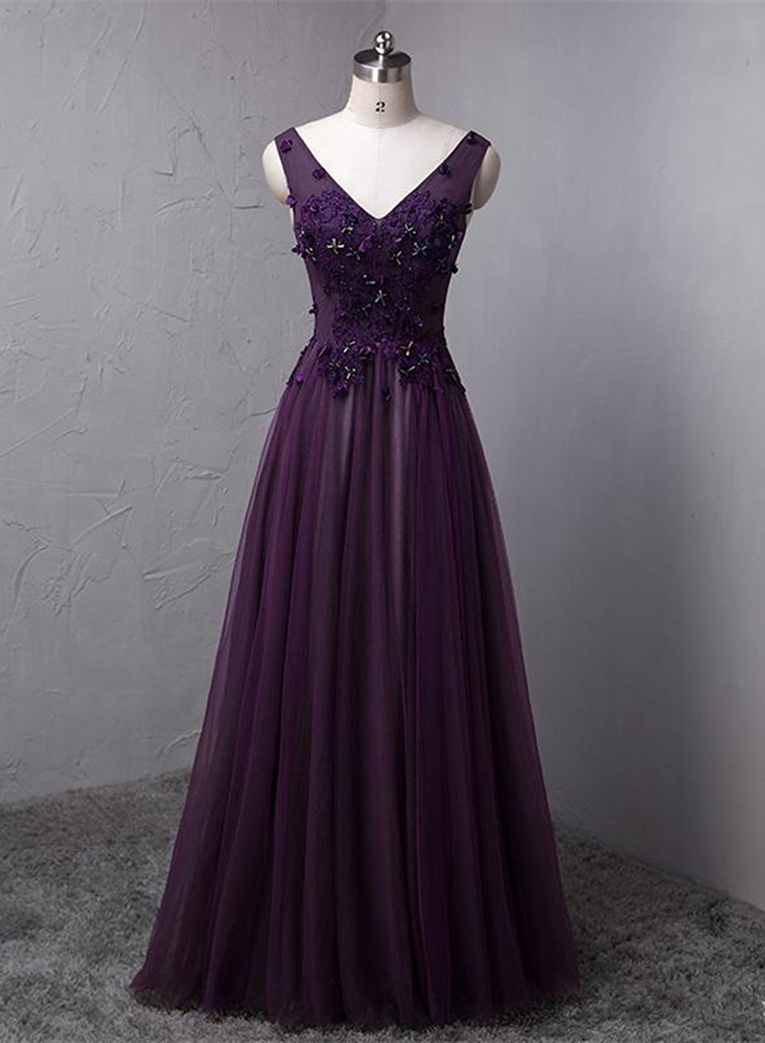 Dark Purple V-neckline Beaded Tulle Long Formal Dress Outfits For Girls, Purple Evening Dress