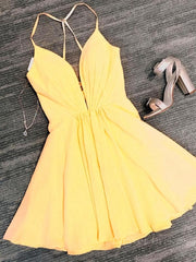 Deep V Neck Short Yellow Prom Dresses, Short Backless Formal Homecoming Dresses