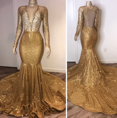 Black Girl Prom Dresses, Open Back Gold Prom Dresses, With Choker Long Sleeve Mermaid V Neck Sexy Evening Gowns With Crystals