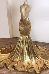 Halter Backless Gold Prom Dresses, With Beads Appliques Mermaid Velvet Sexy Evening Gowns