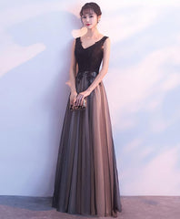 Black Tulle V Neck Long Prom Dress, Black Evening Dress