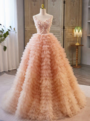 Unique V Neck Tulle Sequin Orange Pink Long Prom Dress Outfits For Girls, Orange Pink Sweet 16 Dress