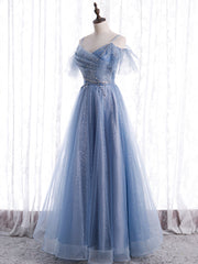 Elegant A line Tulle Sequin Blue Long Prom Dress Outfits For Girls, Tulle Blue Formal Evening Dress