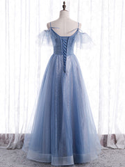 Elegant A line Tulle Sequin Blue Long Prom Dress Outfits For Girls, Tulle Blue Formal Evening Dress