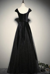 Elegant Black Velvet Cap Sleeves Evening Dress Outfits For Girls, Black Prom Dress